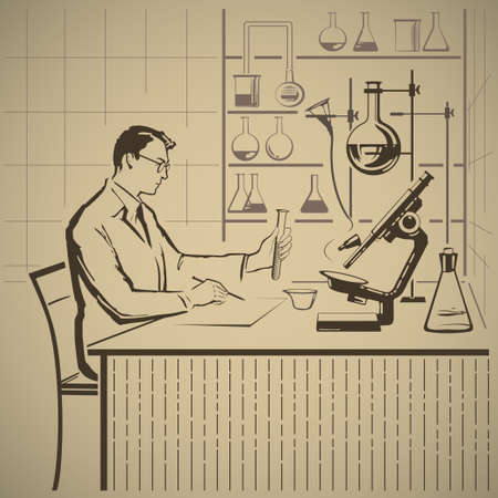 Chemist writing report about scientific research in laboratory vector illustrationのイラスト素材