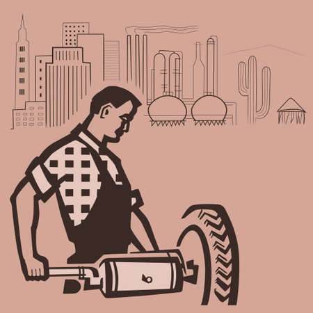 American worker assembling car on background of the American landscapeのイラスト素材