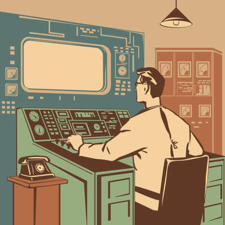 Operator controlling the correct execution of the process retro vector illustrationのイラスト素材