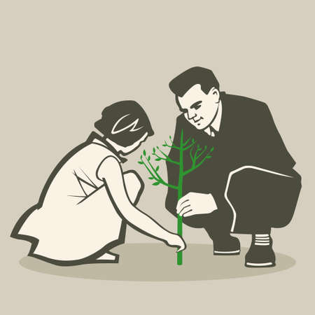 Child together with adult planting trees retro illustrationのイラスト素材