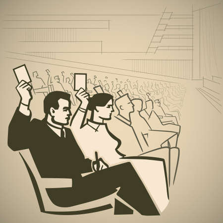 people voting at a meeting in a large hall retro illustrationのイラスト素材