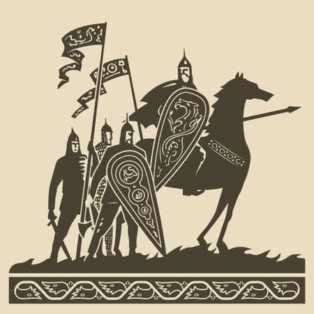 Medieval knights in full armor with large decorated shields and waving standards standing on the battlefield awaiting of the battle vector illustrationのイラスト素材