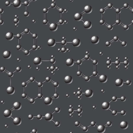 Abstract atomic seamless pattern with molecules, parts of structures, broken connections and single nuclear corpuscles on the dark cosmic background vectorのイラスト素材