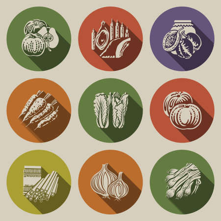 Home-grown food flat icons set with meat fruit and vegetables isolated vector illustrationのイラスト素材