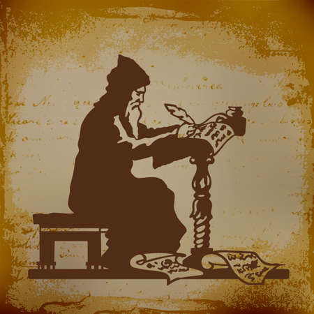 Old monk writing a chronicle of contemporary events vector illustrationのイラスト素材