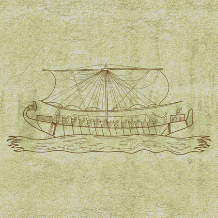 Ancient limestone mural showing Egyptian papyrus boat floating in the seaのイラスト素材