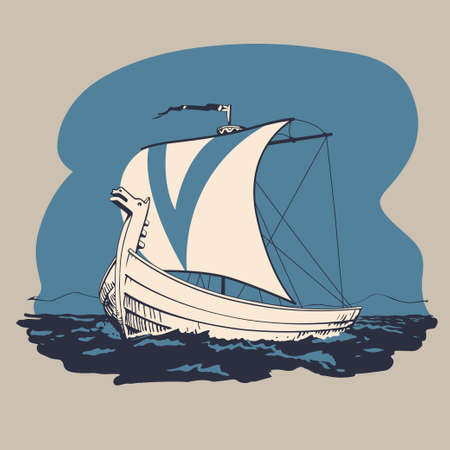 Norman drakkar boat traveling in the sea and searching new lands to conquest illustrationのイラスト素材
