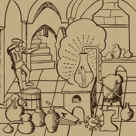 Medieval alchemist conducting experiments of life creation artificially in the laboratory with container, bottles, potions and other accessories  illustration のイラスト素材
