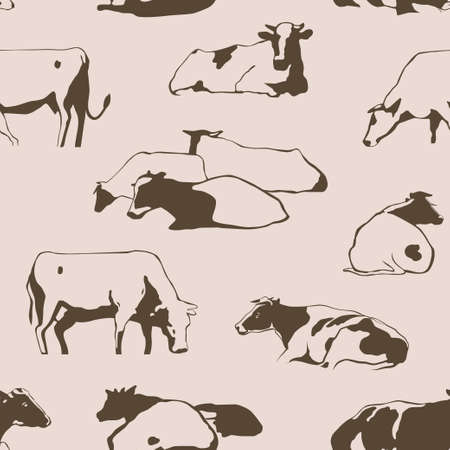 Herd of cows seamless pattern with standing, lying, relaxing and nipping the grass stylized cows in different posesのイラスト素材
