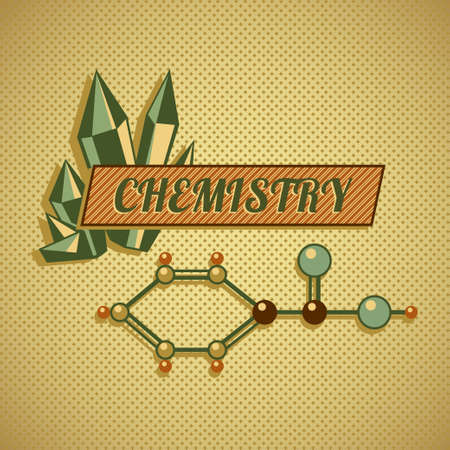 Retro style chemistry title with stylized crystals and molecules illustrationのイラスト素材
