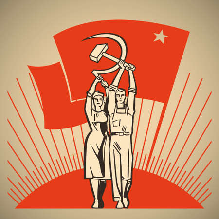 Happy man and woman together holding in their hands labour tools hammer and sickle on the background of the rising sun and waving socialism flag illustrationのイラスト素材