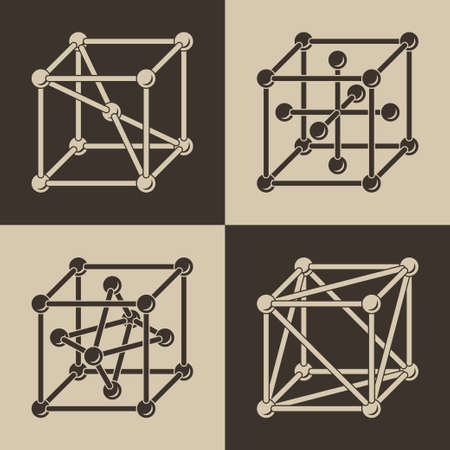 Cubical framework icons set like crystal atomic lattice variations illustration のイラスト素材