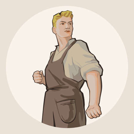 Determined young blond man in working clothes isolated on white background retro vector illustrationのイラスト素材