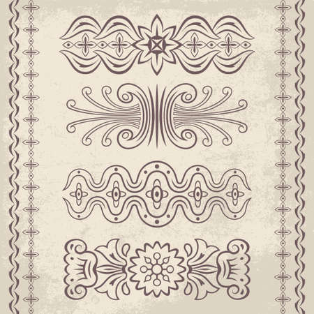 Set of vector decorative ornaments. Floral and abstract design pattern elements and symbols for posters, postcards, page decoration and typographyのイラスト素材