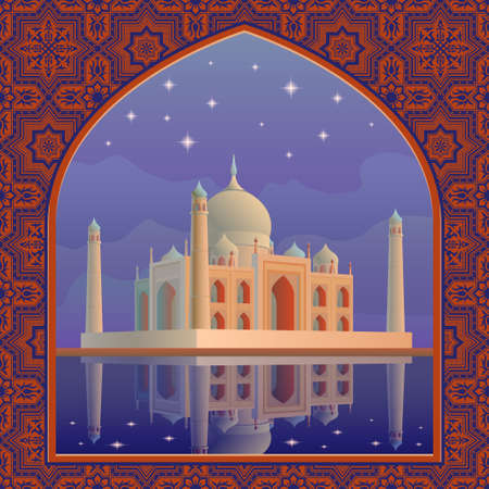 Indian showplace and symbol white marble mausoleum Taj Mahal against the night sky with stars reflecting in the water postcard vector illustration templateのイラスト素材