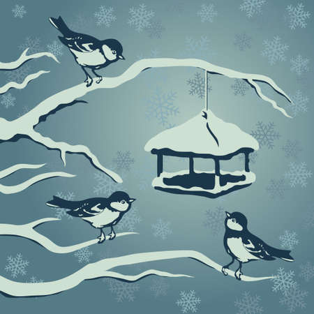 Group of titmouses gathering at the feeder in winter Christmas evening with falling snowflakes vector illustrationのイラスト素材
