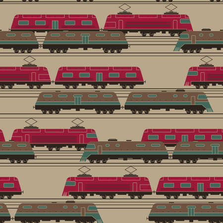 Stylized trains with wagons moving activity on railway junction seamless vector patternのイラスト素材