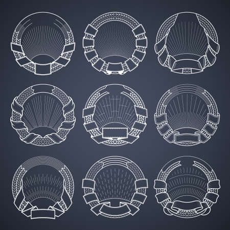 Set of vector round blazons and labels templates. Logotypes and badges stencils with various design elements. Graphic collection for product promotion and advertising isolated on black backgroundのイラスト素材
