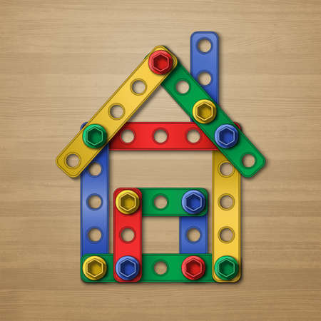 Realistic vector house concept structure symbol made of plastic details from childrens building kit on the light wood desk backgroundのイラスト素材