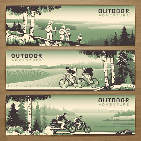 Outdoor thematic vector banner design with traveling people and great wild landscapes graphics.のイラスト素材