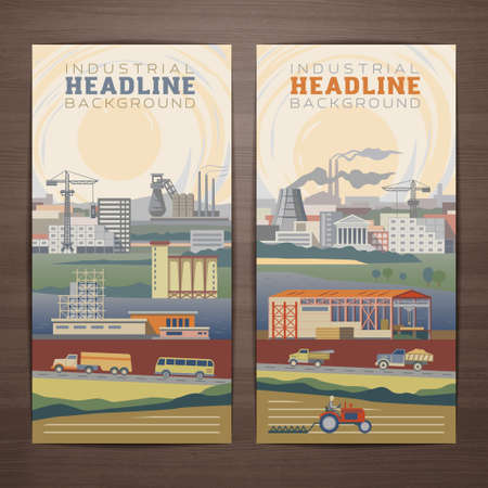 Industrial theme vector card design with country landscape of fields and cities full of buildings,plants,smoking pipes.Brochure,flyer,booklet,postcard template for product promotion and advertisingのイラスト素材