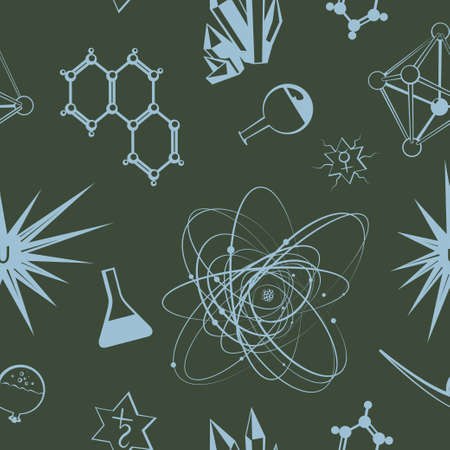 Abstract scientific vector seamless pattern with chemical glassware, molecules, parts of structures, broken connections and single nuclear corpuscles on the dark backgroundのイラスト素材