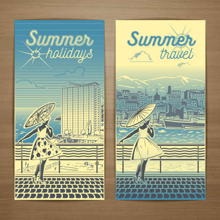Summer resort vector card design with bronzed girl in a light summer dress with parasol standing on the seafront. Brochure, flyer, booklet, postcard template for product promotion and advertisingのイラスト素材