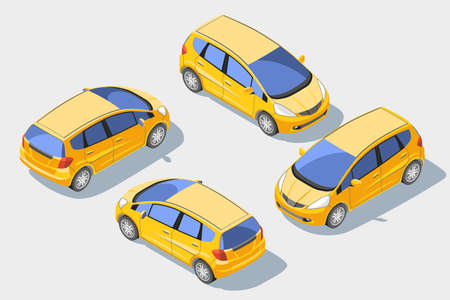 Small hatchback car high quality detailed flat isometric vector illustration. Modern city 3d traffic all around symbols. Elements for product promotion, presentation and infographics isolated on whiteのイラスト素材