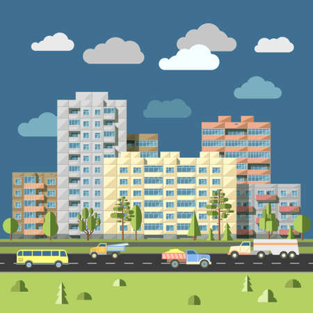 Panel houses with traffic on road in front city landscape flat style illustration. Typical blocks of flats of sleeping quarters urban scenery concept of residential district of megalopolisのイラスト素材
