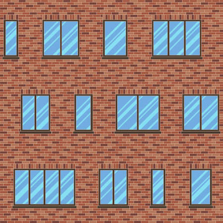 Brick wall building facade with various sizes of windows seamless pattern. Architectural background with uneven distribution of glazing and classic brick masonry, ceramic tile, composite panelsのイラスト素材
