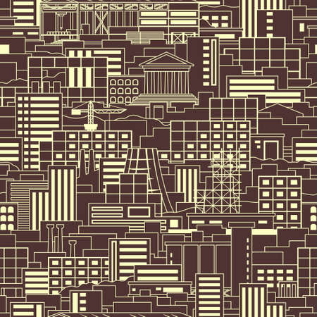 Industrial city linear style scenery seamless pattern with shops, skyscrapers, theaters, regular buildings, plants, factories, smoking pipes, cranes, construction facilities on dark backgroundのイラスト素材