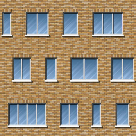 Brick wall building facade with various sizes of windows seamless pattern. Architectural background with uneven distribution of glazing and classic brick masonry, ceramic tile, composite panelsのイラスト素材