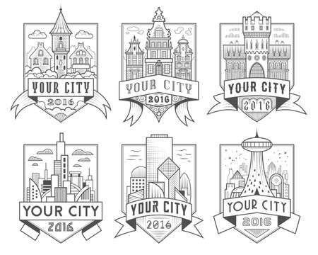 Set of municipal and city characteristic architecture vector labels. Logotype templates, badges, emblems, signs graphic collection. Old and modern buildings design as main town representation symbolsのイラスト素材
