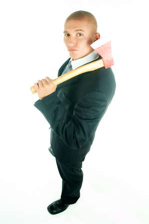 A young businessman with a blue tie and white shirt with axeの写真素材