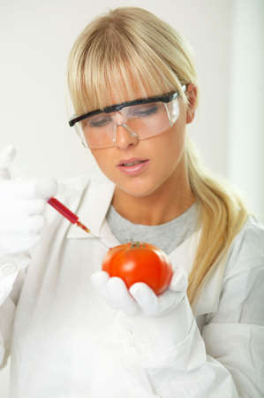 Female scientist injecting liquid into a tomato