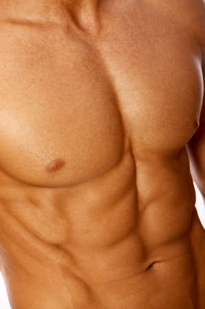 Muscular and tanned male torso isolated on white