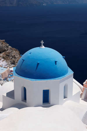 Wonderful view of City buildings and bay on Santorini, Greeceの写真素材