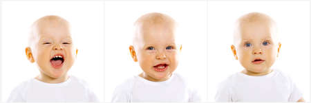 Three Portraits of sweet little baby boy on white backgroundの写真素材