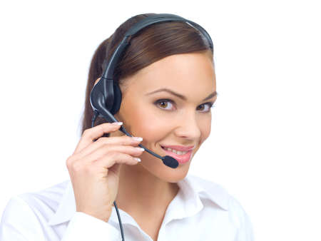 Beautiful girl is using headset, isolated on whiteの写真素材