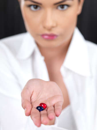 Portrait of beautiful woman she has headacheの写真素材