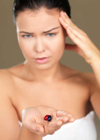 Portrait of beautiful woman, she has migraineの写真素材