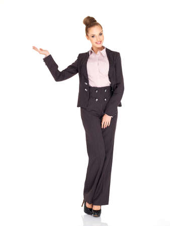 Business woman showing copy space isolated over a whiteの写真素材