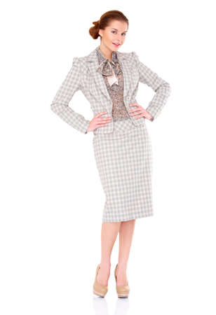 Fullbody business woman smiling isolated over a white backgroundの写真素材