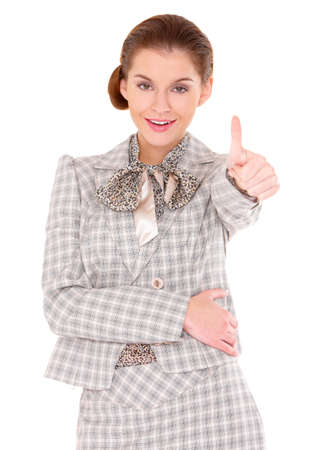 Young business woman showing thumb up gesture on whiteの写真素材