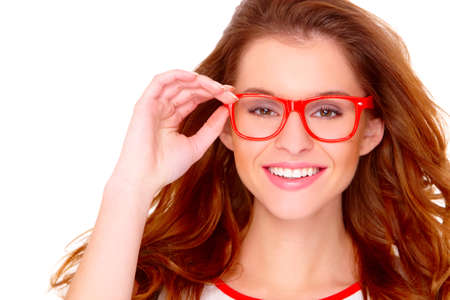 Portraif of young woman wearing modern glasses on whiteの写真素材