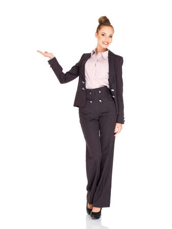 Business woman showing copy space isolated over a whiteの写真素材