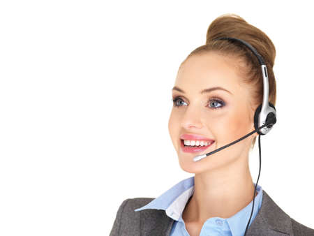 Pretty female businesswoman talking headsetの写真素材