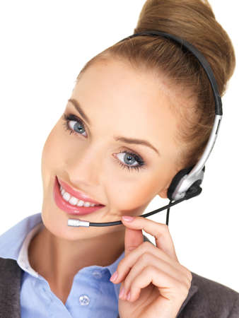 Pretty female businesswoman talking headsetの写真素材