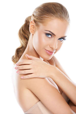 Head and shoulders of a gorgeous nude woman isolatedの写真素材