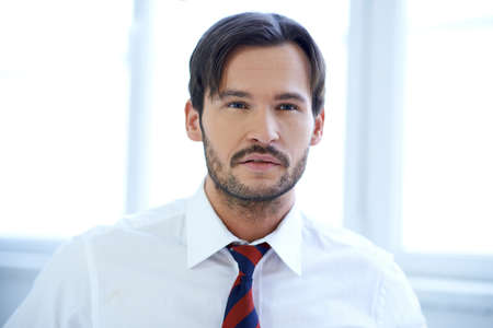 Portrait of an attractive Caucasian confident young businessman wearing a white shirt and a fancy necktieの写真素材
